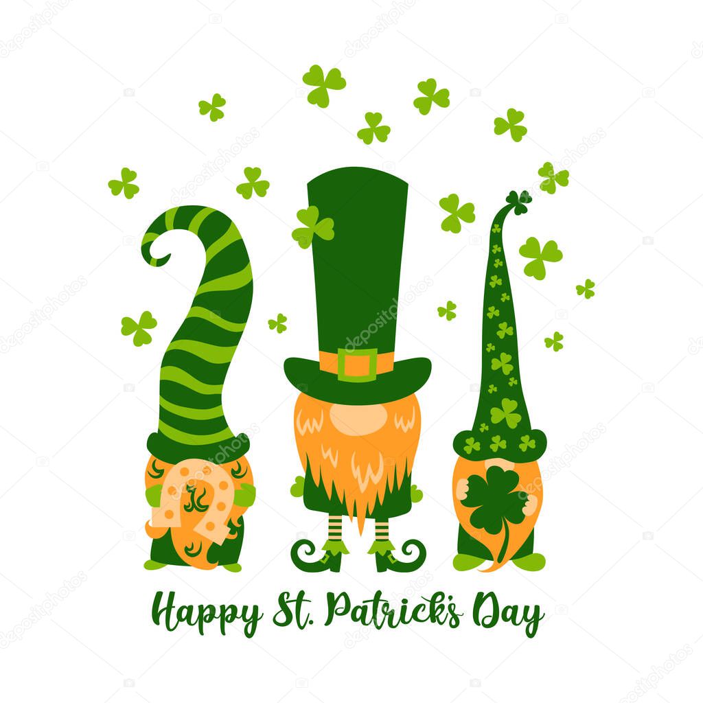 Happy St Patricks Day greeting card with three cute greeb gnomes or leprechauns and shamrocks,