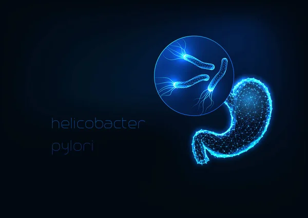 Inflammation de l'estomac futuriste, concept de gastrite avec un estomac polygonal et des bactéries brillantes — Image vectorielle
