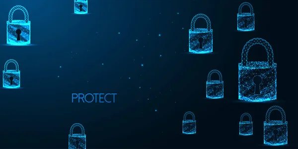 Футуристическая концепция баннера кибербезопасности с светящимися низкополигональными замками на темно-синем — стоковый вектор
