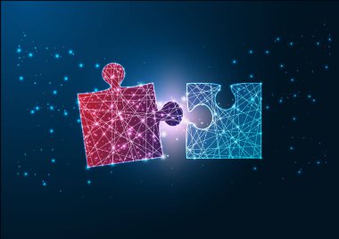 Fütürist ışıldayan kablo tasarımı. Kırmızı ve mavi yapboz parçaları birbirine uyuyor..