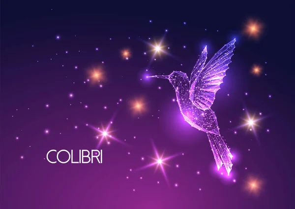 Futurystyczny świecący nisko wielokątny latający ptak collibri, koliber — Wektor stockowy