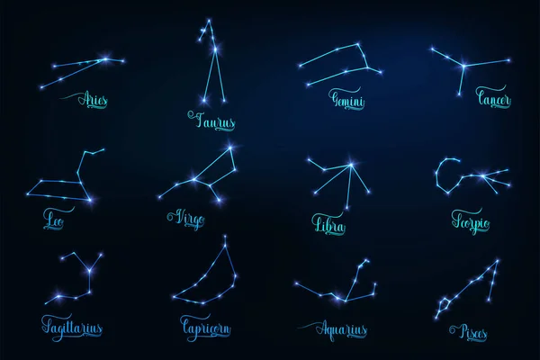 輝く12星座のセット。ホロスコープ記号. — ストックベクタ