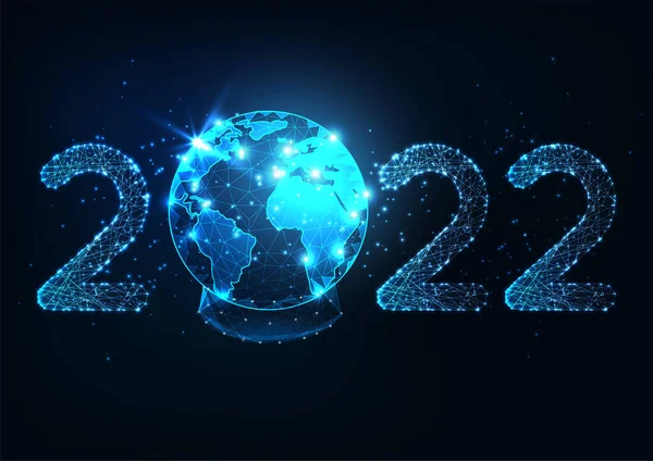 Futuristic New Year digital web banner template with glowing low polygonal 2022 number and planet earth snow globe — Stock Vector