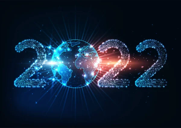 신년 디지털 웹 배너 ( 영어 : Futuristic New Year digital web banner) 템플릿 - 빛나는 낮은 폴리곤 2022 숫자와 지구 — 스톡 벡터