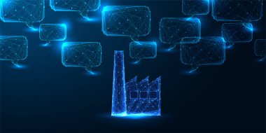 Industry 4.0 Concept, AI-powered smart manufacturing, and automation with glowing polygonal factory and communication bubbles. Futuristic vector wireframe illustration on a tech background.