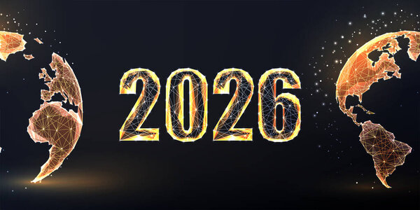 2026 surrounded by glowing, separated halves of the Earth. Represents global transformation, geopolitical change, environmental disruption, or economic shifts. High-impact concept vector illustration