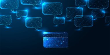 AI güçlü finans ve dijital kredi kartı ve konuşma baloncukları ile online bankacılık kavramı. Güvenli ödeme, fintech, akıllı finansal iletişim. Gelecekçi mavi telgraf tarzı. Vektör illüstrasyonu