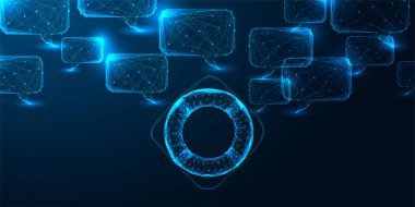 Yapay zeka etiği, acil durum yönetimi ve dijital risk koruma kavramı. Chatbot baloncuklarıyla çevrili çokgen bir can kurtaran halkası. Gelecekçi yapay zeka güvenlik ve alarm sistemi. Vektör kablo çizimi