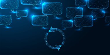 Otomasyon, sürekli gelişme ve çokgen dairesel oklar ve chatbot baloncuklarıyla yapay zeka döngüsü kavramı. Sistem entegrasyonunun gelecekteki vektörü, akıllı akış ve çevik dijital dönüşüm.