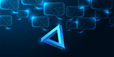 Koyu mavi arka planda dijital sohbet baloncuklarıyla çevrili parlayan Penrose üçgeniyle hesaplama ve yapay zeka paradoksu kavramı. Soyut düşük polimer tarzı. Vektör illüstrasyonu.