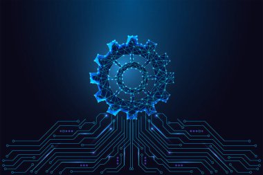 Koyu mavi bir arka planda, devre kartının üstündeki fütüristik parlayan kablo teçhizat sembolü. Yapay zeka, otomasyon, mühendislik, makine eğitimi ve teknoloji sistemi konsepti için mükemmel. Vektör tasarımı