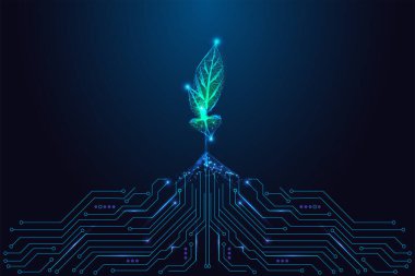Dijital devre kartından parlayan yeşil filiz. Çevre teknolojisi, sürdürülebilir yenilik, yeşil enerji, yapay zeka doğa kavramları ve gelecekteki çevre temaları için mükemmel. Vektör illüstrasyonu