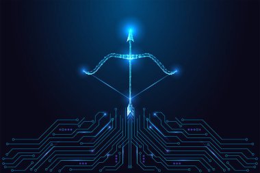 Devre çizgilerinden parlayan bir çokgen yay ve okun yer aldığı fütüristik konsept, odak, hassasiyet ve dijital hedeflemeyi sembolize ediyor. Mavi neon kablo, modern vektör illüstrasyonu.