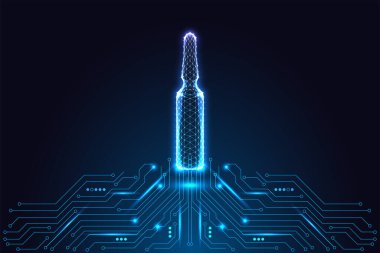 Devre kartlarından yükselen parlayan çokgen ampullü dijital sağlık konsepti. Tıp, biyoteknoloji ve modern tedavi teknolojileri. Neon mavisi kablo, geleceksel vektör çizimi.