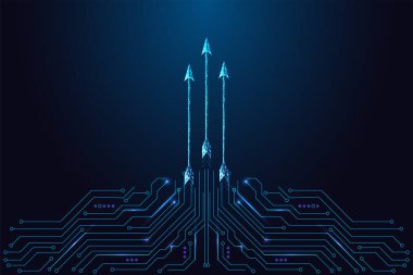 Gelişim ve gelişim kavramı bir teknoloji devre kartının üzerinde parlayan üç ok gösteriyor. Koyu arkaplan vektörü illüstrasyonunda gelecekçi neon mavi kablo düşük poli biçimi.