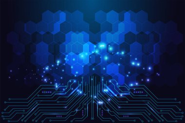 Devre hatlarına bağlı parlak mavi altıgen ızgaralı gelecekteki teknoloji ve dijital ağ konsepti. Modern soyut teknoloji arka planı ve ışık efektleri. Vektör illüstrasyonu.
