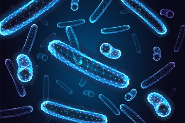 Mikrobiyoloji ve biyoteknoloji konsepti karanlık arka planda parlayan çokgen bakteriler içeriyor. Gelecekçi neon hücreler, moleküler yapı, mavi ışık modern bilimsel illüstrasyon.