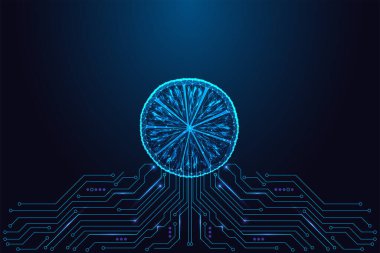 Dijital teknoloji devresi üzerinde parlayan limon dilimleri. Gıda yeniliği kavramı, sağlıklı yaşam tarzı ve neon mavi çizgiler ve soyut geometrik çizim ile geleceksel tasarım.
