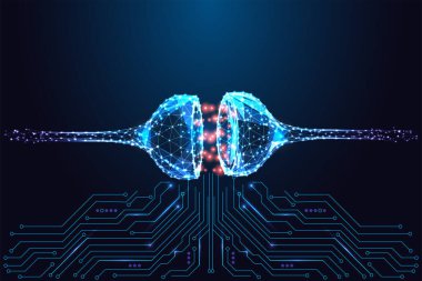 Yapay Zeka, Nöroloji ve Bağlantı. Dijital sinaps, neon devreler üzerinden parlayan sinyaller aktarıyor. Beyin teknolojisi, makine öğrenimi ve nöral ağlar için gelecek teknolojisi kavramı, vektör illüstrasyonu.