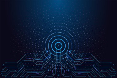 Teknoloji, yapay zeka tasarımı, dijital arayüzler. Mavi devre kartının üzerinde parlayan eş merkezli noktalı daireler. Gelecekçi neon veri deseni, hedefleme, tarama, sistem gösterge panelleri, modern vektör illüstrasyonu.
