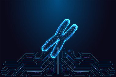 Genetik, biyoteknoloji ve dijital bilim. Mavi devre kartının üzerinde parlayan kromozom DNA araştırmasını, genomiyi, veriyi ve yeniliği sembolize ediyor. Gelecekçi neon çokgen biçimi, vektör illüstrasyonu.