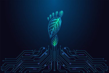 İklim etkisi, sürdürülebilirlik ve yeşil teknoloji. Devre kartının üstündeki yapraklardan oluşan ekolojik ayak izleri, karbon azaltımı, ekolojik tasarım, temiz yenilik. Gelecekçi mavi-yeşil vektör çizimi.