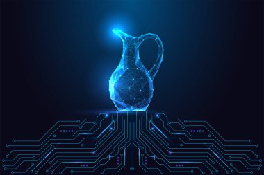 Dijital nesneler, akıllı aletler ve devre kartının üzerinde parlayan çokgen sürahi olan teknoloji tasarımı konsepti. Gelecekçi neon mavi vektör çizimi. Ürün tasarımı, teknoloji, modern arayüz görselleri.