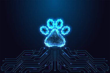 Hayvan teknolojisi, hayvan izleme ve dijital kimlik konsepti devre kartının üzerinde parlayan düşük-polyester pati izi. Evcil hayvan teknolojisi, uygulamalar ve akıllı aygıtlar için geleceksel neon mavi çokgen vektör çizimi