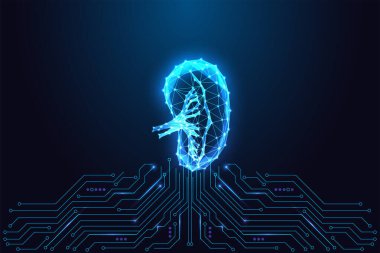 Siber güvenlik ve ağ riski kavramı ile parlayan örümcek ağları devre kartlarına bağlı. Siber tehditleri, kırılganlık haritasını, dijital savunmayı temsil ediyor. Neon mavisi düşük-polyester vektör çizimi.