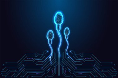 Devre çizgilerinden parlayan dijital sperm hücreleriyle üreme biyoteknolojisi ve doğurganlık yapay zekası kavramı. Genetik, tüp bebek ve tıbbi araştırma için ideal. Neon mavisi düşük-polyester vektör çizimi.