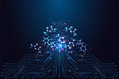 Yapay zeka büyümesi dijital devreden gelen organik sinirsel bir yapı olarak görselleştirildi. Soyut siber tarzda gelecekteki ışıldayan teknoloji. Mavi ve menekşe vektör çizimi.