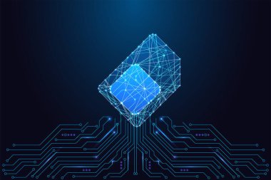 Devre kartlarının üzerinde parlayan dijital SIM kartı olan mobil teknoloji ve telekom ağı kavramı. Bağlantı, güvenli iletişim, veri erişimi. Neon mavisi düşük-polyester vektör çizimi.