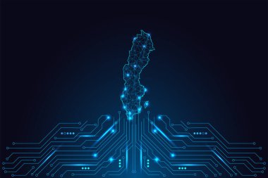 İsveç 'in fütüristik parlak ana hatları, yapay zekayı, akıllı altyapıyı ve dijital dönüşümü sembolize eder. Ülke teknolojisi temalı siber neon vektörü.