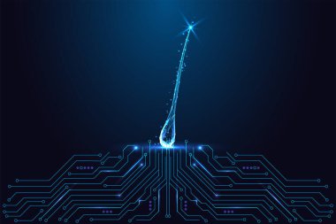 Devre kartından çıkan dijital parıldayan saç teli yapay zekayı, saç restorasyonunu, güzelliği ve biyoteknolojiyi sembolize ediyor. Yenilikçi ve sağlık teknolojisi elementleriyle gelecekçi mavi neon vektörü.