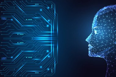 Side view of futuristic AI face with glowing digital mesh and circuits. Represents artificial intelligence, machine learning, and digital thinking. Cyber blue neon vector illustration.