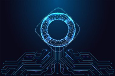 Devre kartının üzerinde parlayan dijital can simidi olan yapay zeka güvenliği, yardım ve sorun giderme konsepti. Yapay zeka desteği, koruma ve yardım sistemleri. Gelecekçi neon vektör illüstrasyonu.