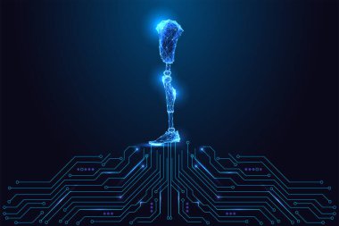 Devre kartının üstünde yüksek teknolojili protez bacak. Gelişmiş biyomekanik, tıbbi mühendislik, rehabilitasyon teknolojisi ve gelecekteki insan-makine entegrasyonu kavramı. Vektör illüstrasyonu