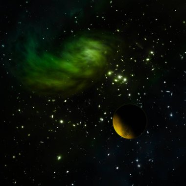 Yıldızlara ve nebulaya karşı uzayda bir gezegen. Bu görüntünün elementleri NASA 3D görüntüleme tarafından desteklenmektedir.