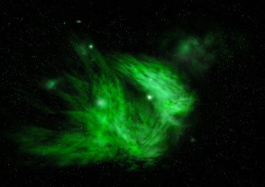 Uzakta parlayan nebula ve yıldız alanı.