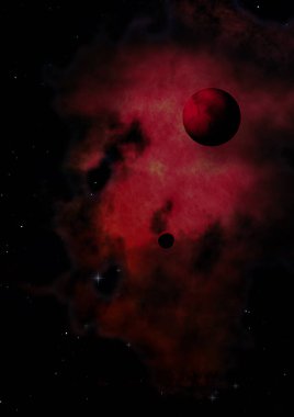 Gezegenler yıldızlara ve nebulaya karşı bir uzayda. Bu görüntünün elementleri NASA tarafından döşenmiştir. 3B görüntüleme.