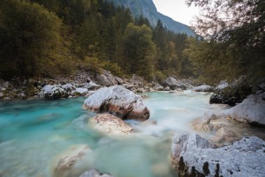 Soca Nehri 'nde yaz sonu ve sonbahar havasında kristal berrak turkuaz mavi suyla. Kranjska Gora, Slovenya, Julian Alps, Soca, Vrsiç Geçidi