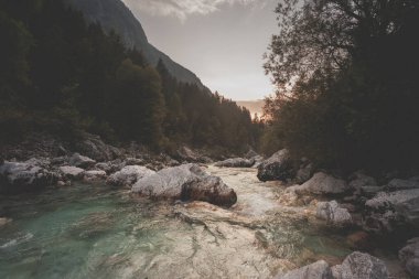 Soca Nehri 'nde yaz sonu ve sonbahar havasında kristal berrak turkuaz mavi suyla. Kranjska Gora, Slovenya, Julian Alps, Soca, Vrsiç Geçidi