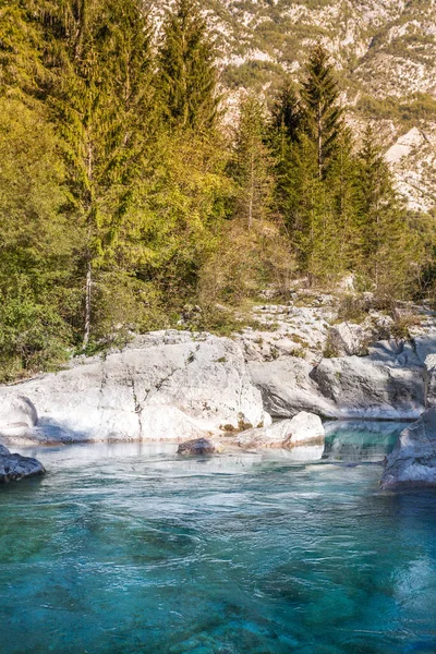 Tolle Spätsommer Und Herbststimmung Fluss Soca Mit Kristallklarem Türkisblauem Wasser — Stockfoto