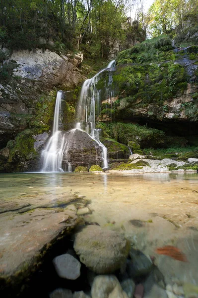 Soca Nehri Nde Yaz Sonu Sonbahar Havasında Kristal Berrak Turkuaz — Stok fotoğraf