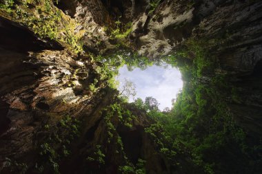 Kuala lumpur 'daki müthiş derin mağara - Malezya. Düşen ışık lekeleri olan bir deliğin altında.