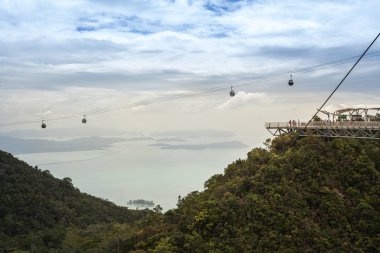 İnsanlı teleferik. Langkawi teleferik istasyonundaki harika turist bakış açısı. Okyanus ve dağlar