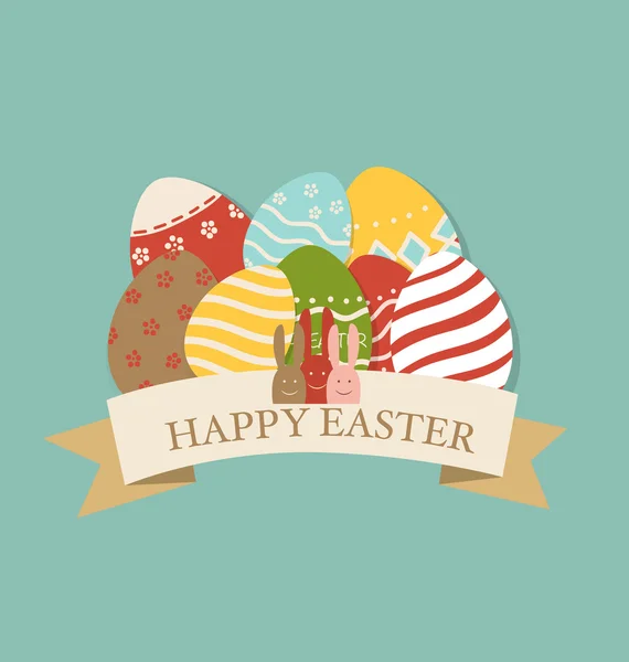 Cartão de Páscoa com coelhos e ovos — Vetor de Stock