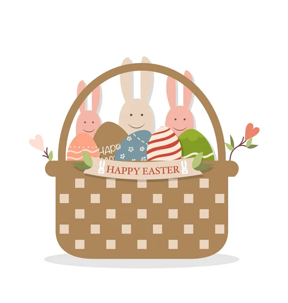 Easter bunnies and eggs in basket — Stock Vector