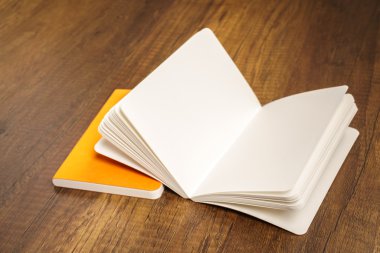 Katalog, dergi boş, sahte ahşap arka plan üzerinde kitap