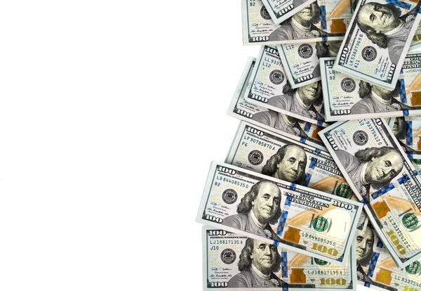 Notas de cem dólares sobre fundo branco — Fotografia de Stock